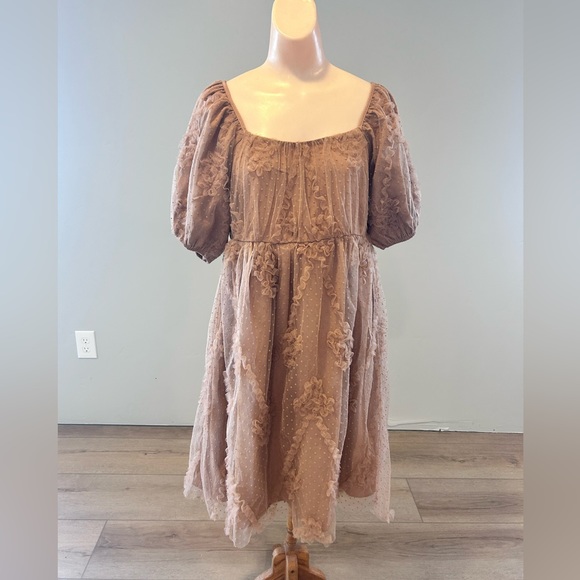 NWT Polagram Zelda Dress Tan Mesh Tulle Ruffled Square Neck - Picture 2 of 5